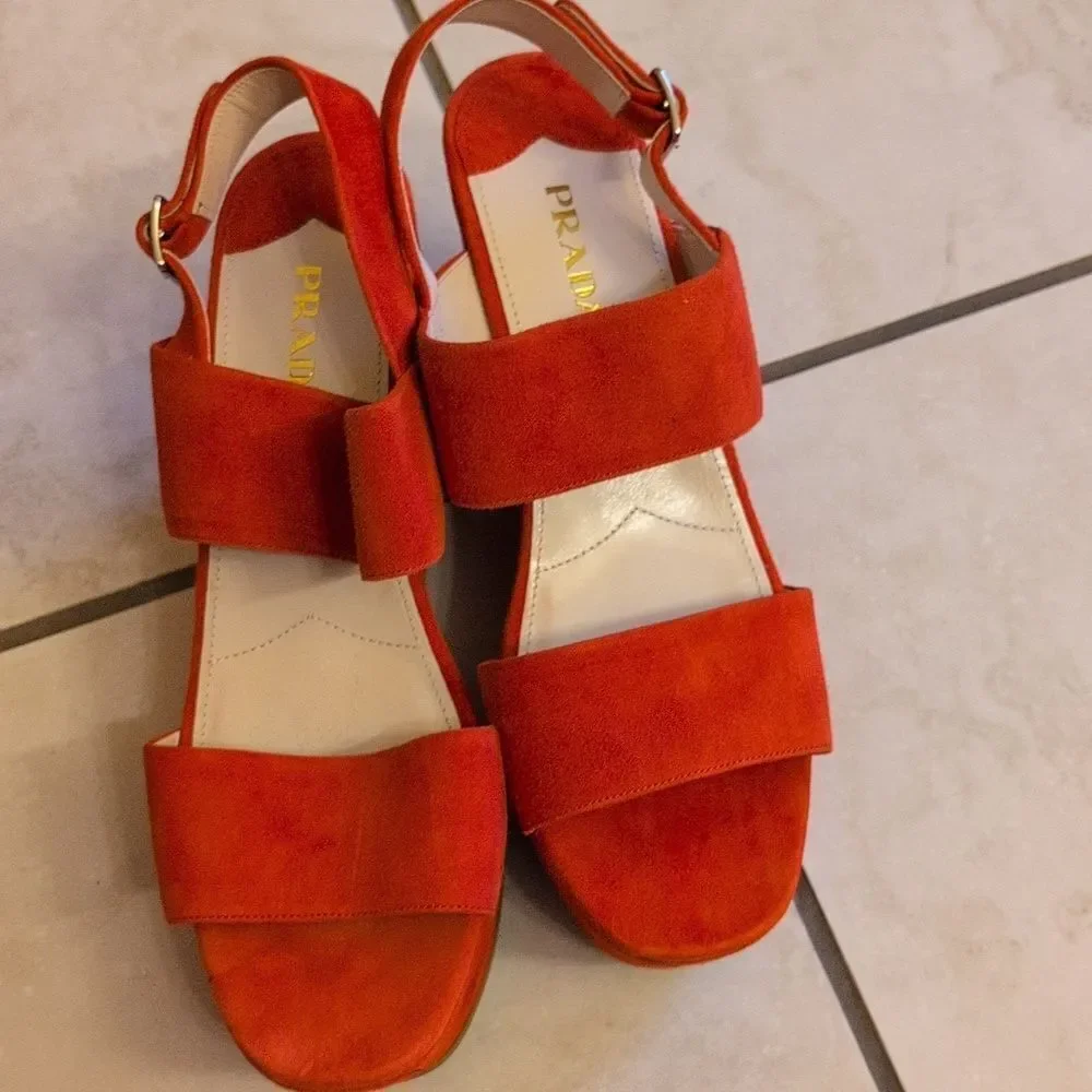 Prada Lipstick Red Wedges Leather Suede Platform Ankle Strap Sandals Size 11.5